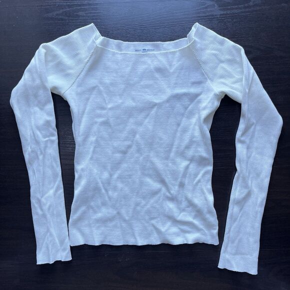 Brandy Melville Off The Shoulder Long Sleeve Top With Raw Hem White O/S Cotton - Picture 1 of 6
